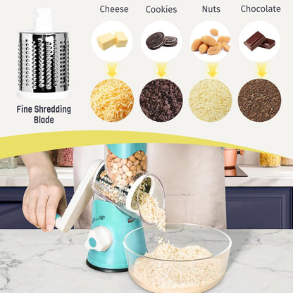 X Home Rotary Cheese Grater - 3 Interchangeable Blades for Easy Shredding | Kitchen Tool in Blue