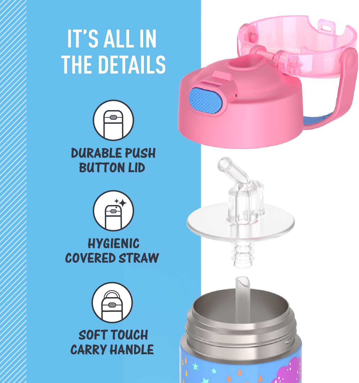 THERMOS FUNTAINER Water Bottle - 12 Ounce Kids Stainless Steel Insulated Bottle with Straw | Rainbow Dreams