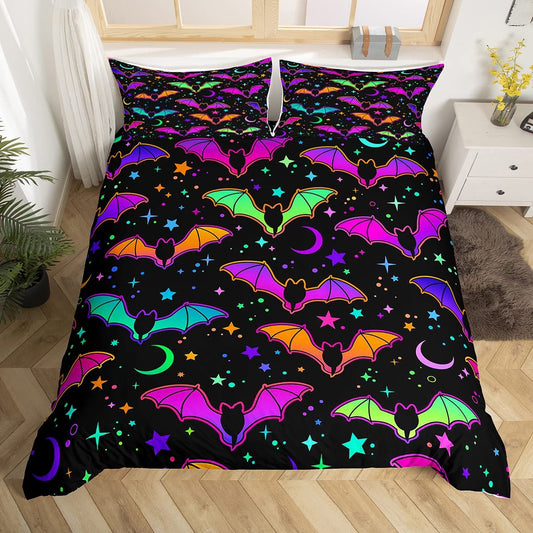 Erosebridal Starry Sky Duvet Cover Blue Purple Galaxy Bedding Set Full Size Glitter Bats Comforter Cover Set for Boys Girls Youth,Stars Moon Halloween Decorations Teal Green