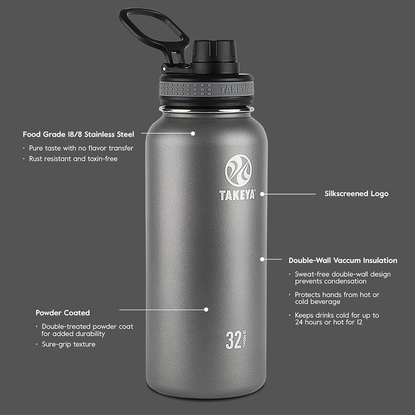 Takeya Originals Vacuum-Insulated Water Bottle - 24oz Stainless Steel, Sleek Black Finish