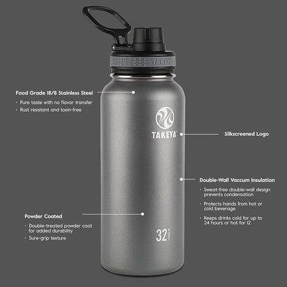 Takeya Originals Vacuum-Insulated Water Bottle - 24oz Stainless Steel, Sleek Black Finish
