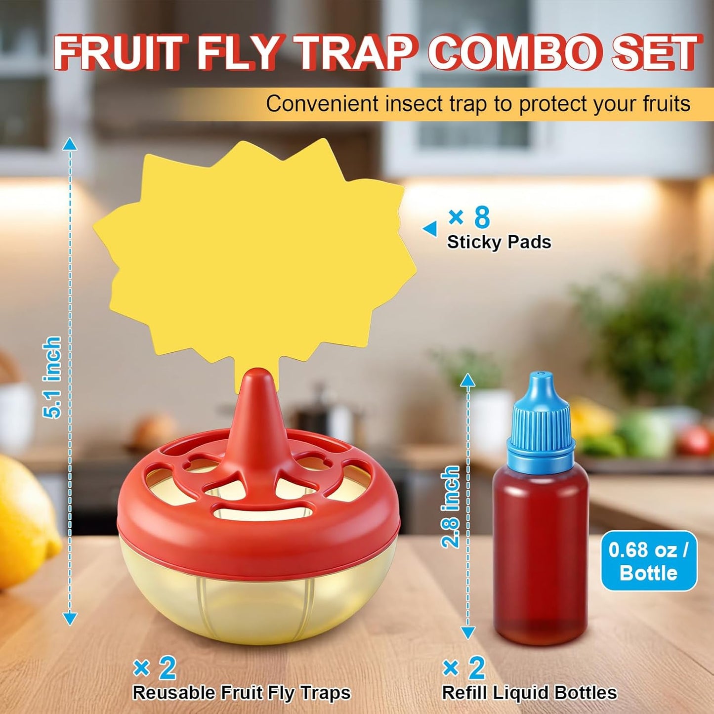 Skiennix Fruit Fly Trap Refill Liquid Kit - 2 Bottles (0.68oz Each) with Reusable Traps & Sticky Pads for Safe Indoor Use