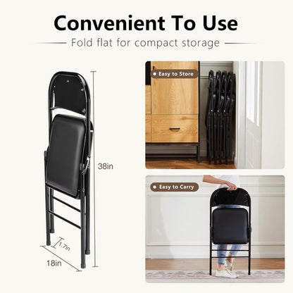 DUMOS Folding Chairs - 2 Pack Leather Padded Portable Stackable Seats for Home & Office - Black