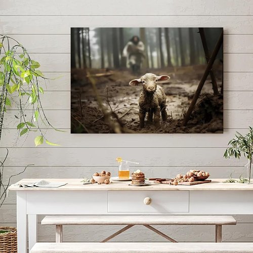 Balgardekor Jesus Canvas Wall Art - Inspirational Jesus and Lost Lamb Design | 12 x 16 Inches, Grey