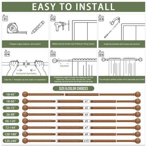 HTZON 2 Pack Wood Curtain Rods 48 to 84 Inch,1 Inch Adjustable Curtain Rod,Netted Texture Window Curtains Rods,Farmhouse Rustic Heavy Duty Curtain Rods,Brown Wood Grain Decorative Drapery Rods 36-88"