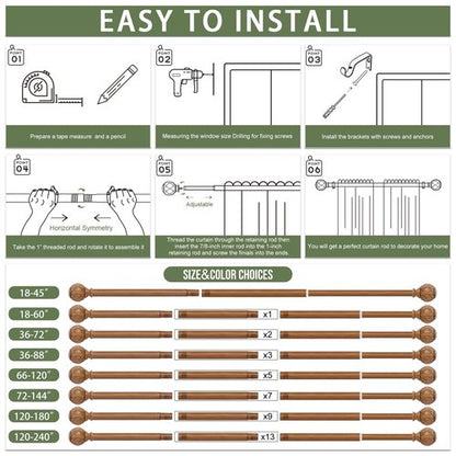 HTZON 2 Pack Wood Curtain Rods 48 to 84 Inch,1 Inch Adjustable Curtain Rod,Netted Texture Window Curtains Rods,Farmhouse Rustic Heavy Duty Curtain Rods,Brown Wood Grain Decorative Drapery Rods 36-88"