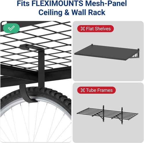 FLEXIMOUNTS Storage Flat Hooks - 4 Pack Garage Ceiling Rack Accessories | Max 50lbs Capacity, Black