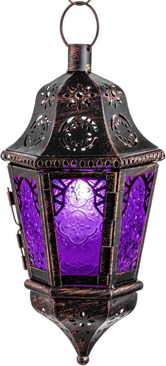 Needomo Halloween Lantern - Vintage Metal Candle Holder with 14.8" Chain | 13.5" Indoor/Outdoor Decor (Purple)