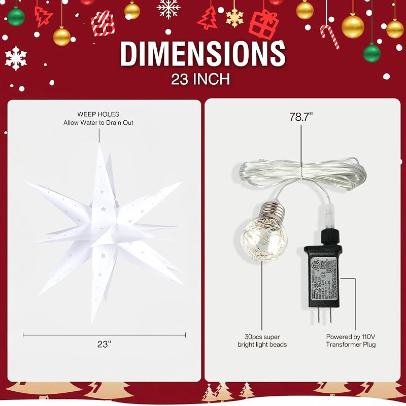 23" Plug-in Moravian Star Outdoor Light with Timer - 3D PVC Christmas Star IP44 Waterproof