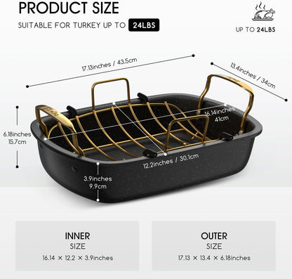 Roasting Pan - 17 Inch x 13 Inch Nonstick Roaster with Removable Rack for Turkey & Vegetables | Gold