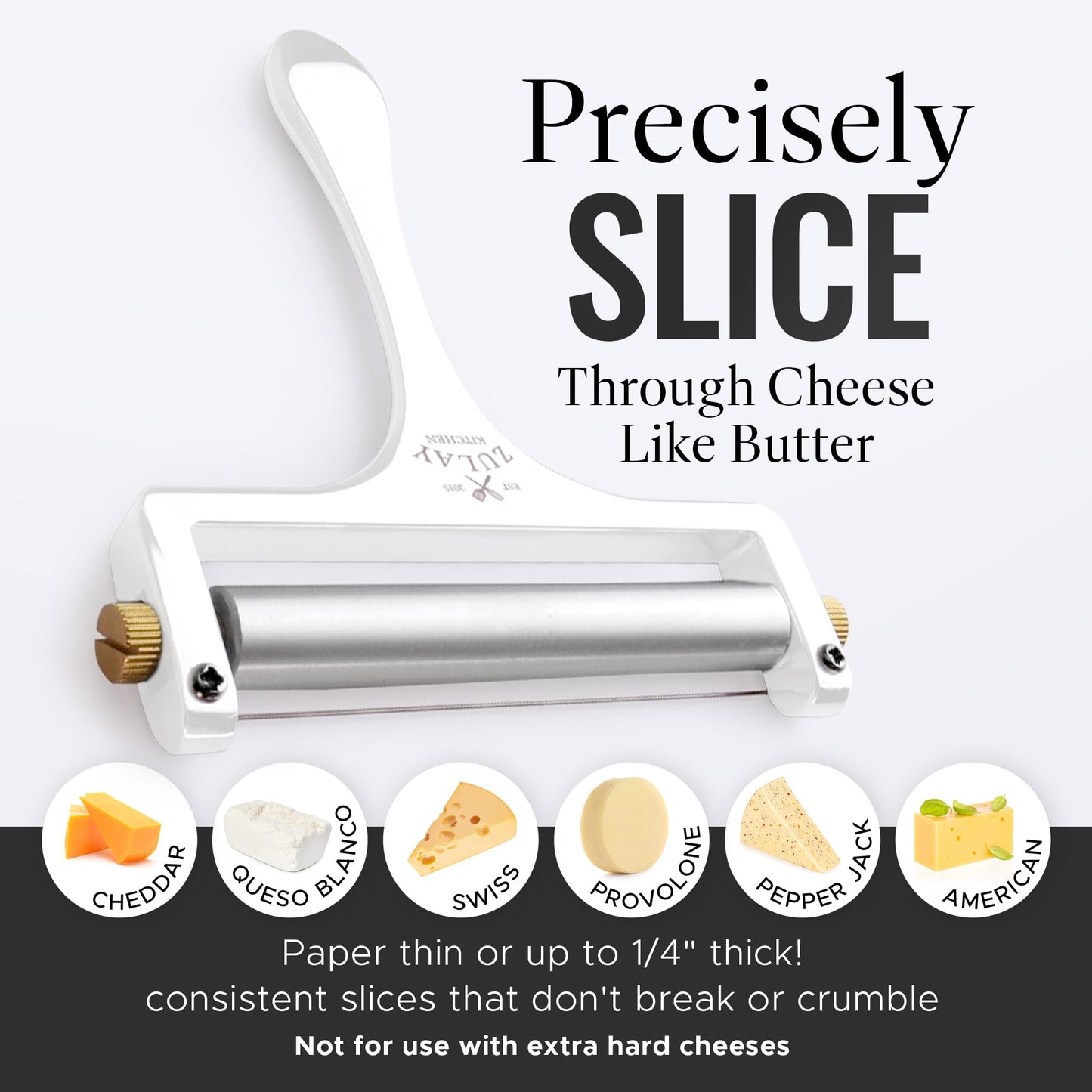 Zulay Kitchen Stainless Steel Wire Cheese Slicer - Adjustable Hand Held Cheese Cutter with 2 Extra Wires - Premium Cheese Shaver For Mozzarella, Cheddar, Gruyere - Cheese Cutter with Wire (White)