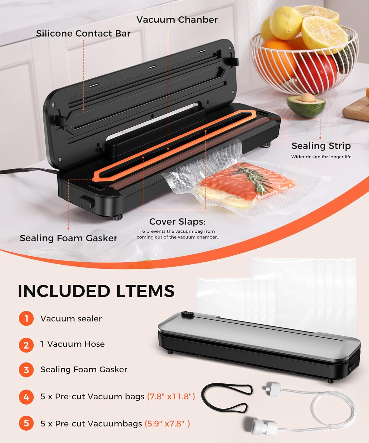 Vacuum Sealer Machine - 6-in-1 Dry/Moist Modes & Digital Timer | Compact Design with 10 Bags (Black Silver)