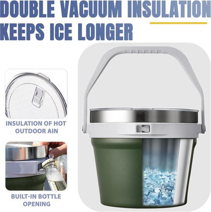 COKTIK 7L Vacuum Insulated Ice Bucket with Lid and Scoop& Tongs，Large capacity Stainless Steel Beverage Bucket for Cocktail, Champagne, Wine, Beer，Large Parties（Army Green Suit）
