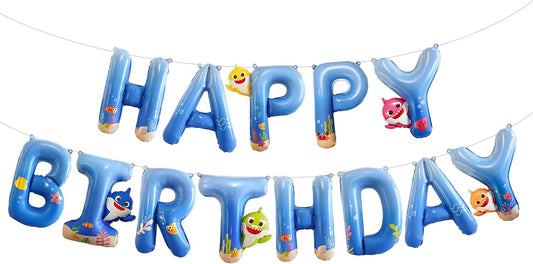 PartyWoo Baby Shark Blue Happy Birthday Banner - 16 Inch Mylar Foil Letter Balloons for Kids