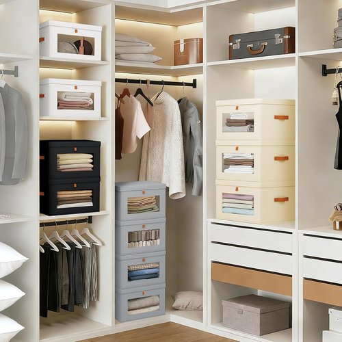 DIMJ Storage Bins - 4 Pack Large Fabric Closet Organizers with Lids & Handles | Collapsible Decorative Storage for Under Bed & Shelves