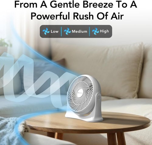 Comfort Zone 11-Inch High-Velocity Tabletop Air Circulator Fan – Quiet 3-Speed Personal Turbo Fan with 90° Adjustable Tilt & Carry Handle – Compact Desk Fan for Home, Office, or Bedroom – White
