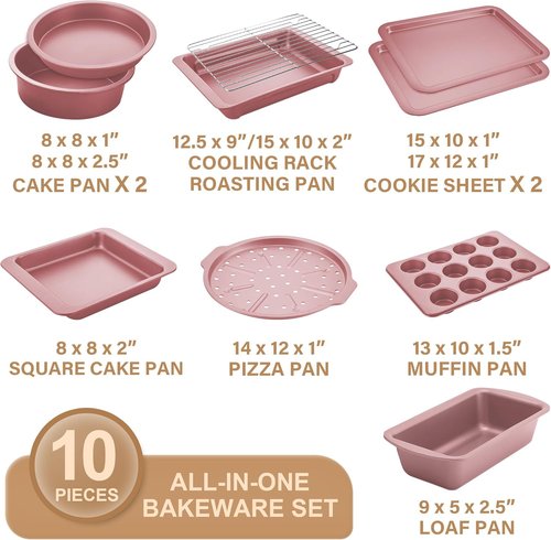 HONGBAKE Nonstick Bakeware Set - 10-Piece Kitchen Pans with Wider Grips | Includes Rack, Cookie Sheet, Cake Pans, Muffin Pan, Pizza Pan - Pink