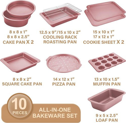 HONGBAKE Nonstick Bakeware Set - 10-Piece Kitchen Pans with Wider Grips | Includes Rack, Cookie Sheet, Cake Pans, Muffin Pan, Pizza Pan - Pink