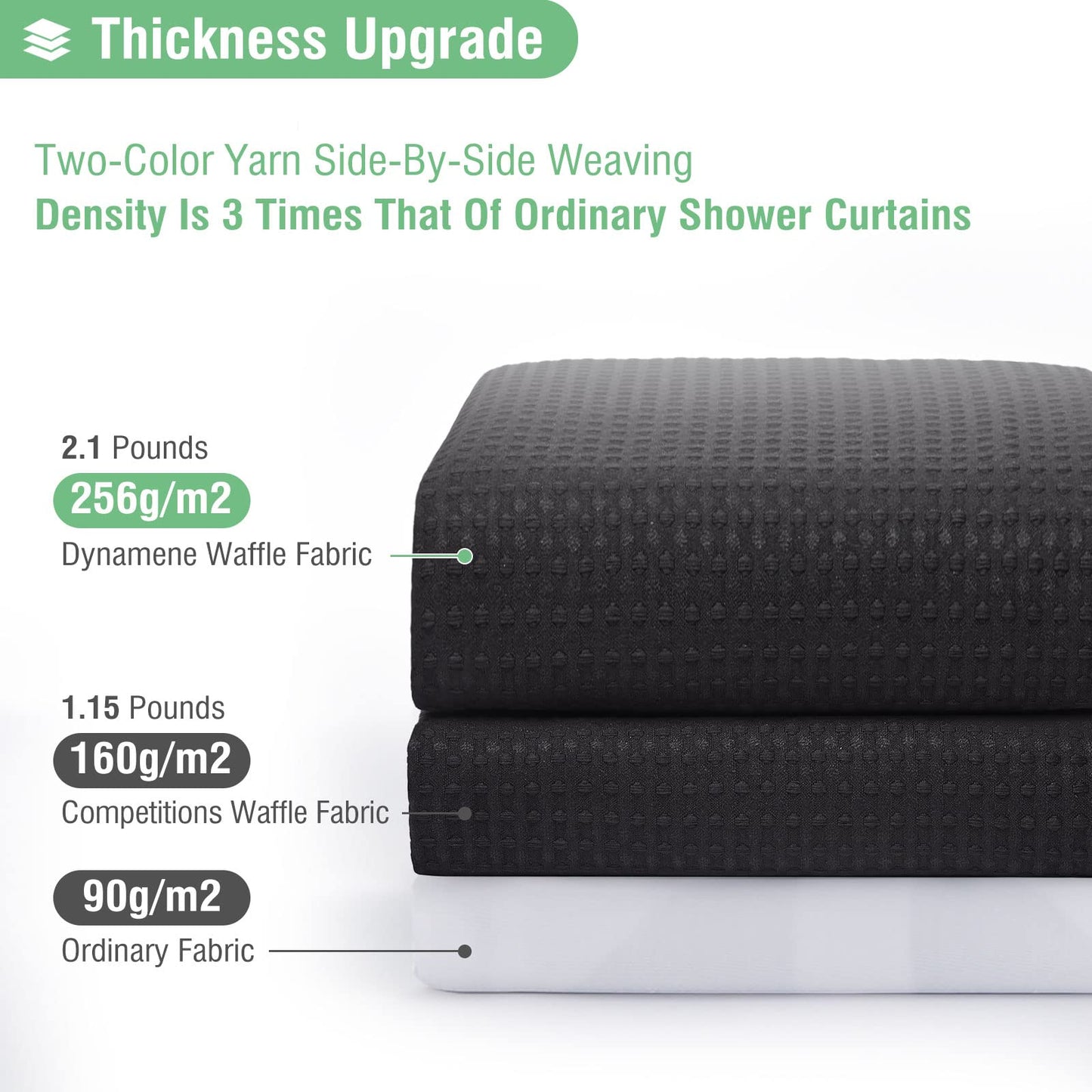 Dynamene Black Fabric Shower Curtain - Waffle Textured Heavy Duty Cloth Curtains for Bathroom, 256GSM Hotel Spa Luxury Weighted Polyester Bath Curtain Set with 12 Plastic Hooks(72Wx72H, Black)