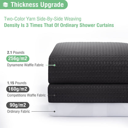 Dynamene Black Fabric Shower Curtain - Waffle Textured Heavy Duty Cloth Curtains for Bathroom, 256GSM Hotel Spa Luxury Weighted Polyester Bath Curtain Set with 12 Plastic Hooks(72Wx72H, Black)