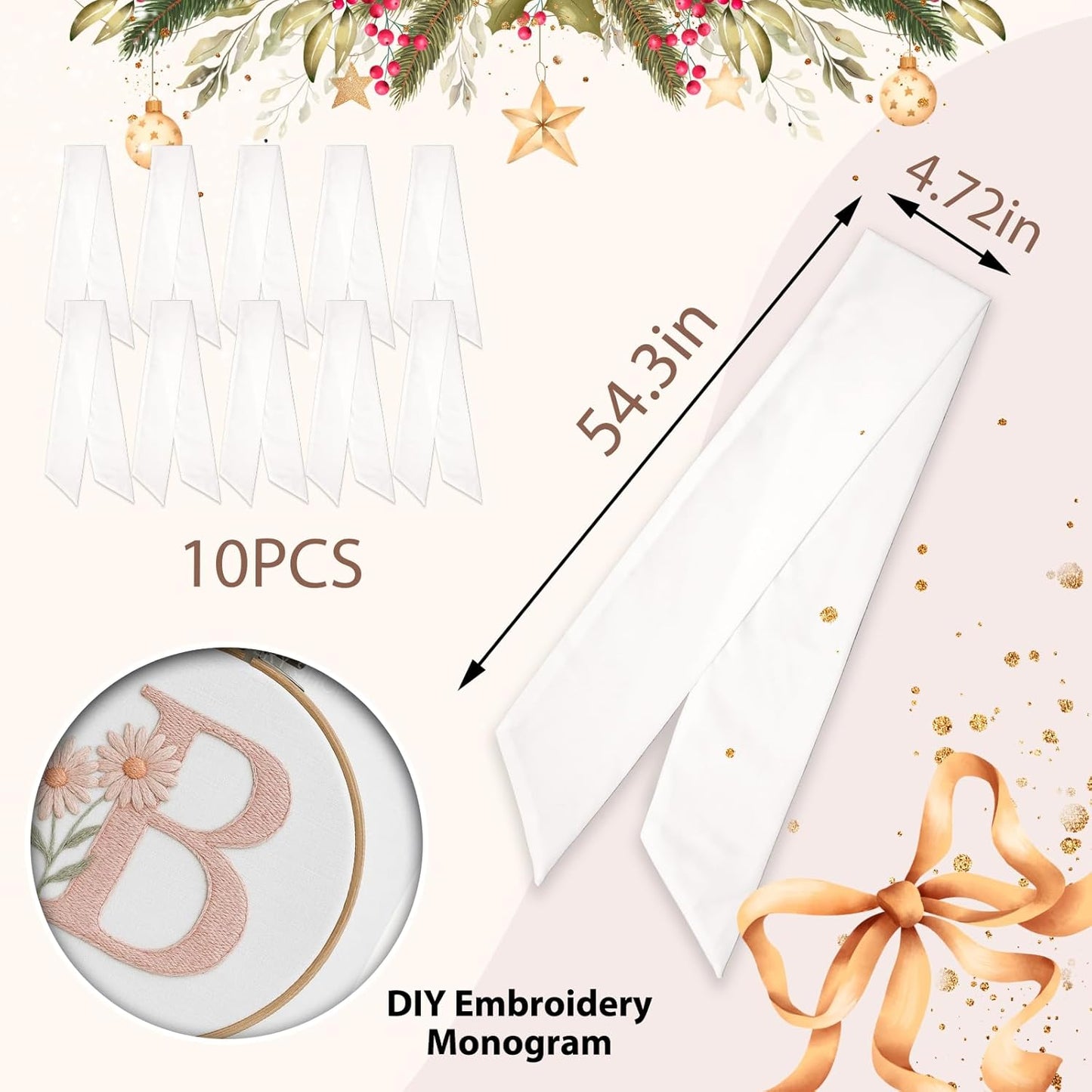 Skiennix Christmas Wreath Sash - Winter White Cotton Ribbon Bow for Door Decor | 10 Pieces