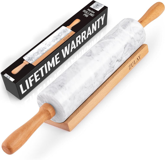 Zulay Kitchen Marble Rolling Pin - 17-Inch Polished Marble With Beechwood Handle | Non-Stick Baking Tool