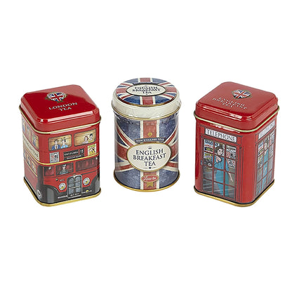 London & British Icons 3x Mini Tea Tins with Fine English Loose Leaf Tea (Union Jack, Red London Bus, Telephone Box)