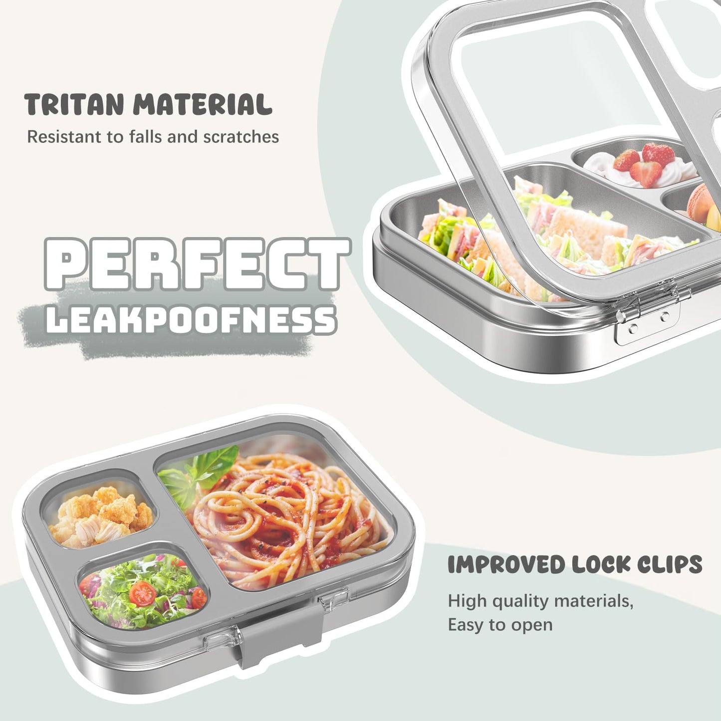 LOHASOK Kids Stainless Steel Bento Box with Silicone Lid Leak-proof Toddlers Lunch Container 3 Compartments Dishwasher Safe Grey