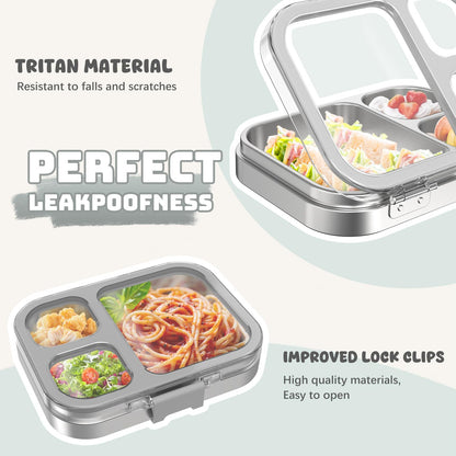 LOHASOK Kids Stainless Steel Bento Box with Silicone Lid Leak-proof Toddlers Lunch Container 3 Compartments Dishwasher Safe Grey