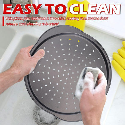 Skiennix 13" Round Pizza Pan - Non-Stick Carbon Steel with Holes & Handle | Easy to Clean & Oven Safe (2 Pack)