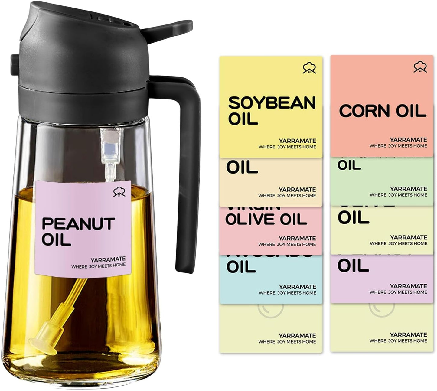 YARRAMATE Glass Olive Oil Sprayer - 16oz with 10 Color Labels | Sleek Black Design