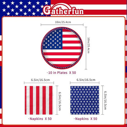 Gatherfun American Flag Party Supplies - Disposable Napkins & Paper Plates for 50 Guests | Perfect for Veterans Day & 4th of July