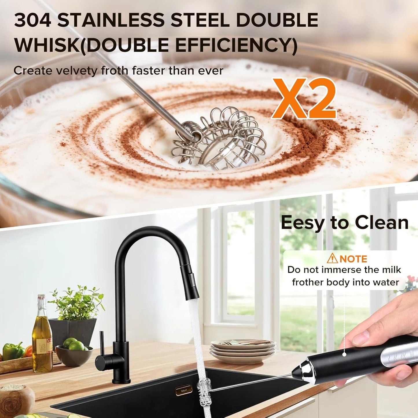 Skiennix Handheld Milk Frother - 3-Speed Rechargeable Wand with 3 Detachable Whisks | Perfect for Coffee, Latte, Cappuccino, Matcha & More (Black)