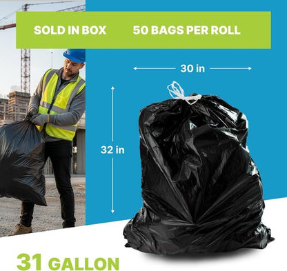 Drawstring Trash Bags | 31 Gallon | 30x32 Inches | 1 Mil Thick | Durable Leak-Proof Garbage Bags with Easy Tie Handles - Perfect for Kitchen, Office, and Commercial Use