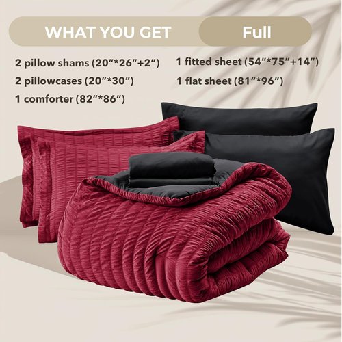 HYMOKEGE Comforter Set - Luxury 7-Piece All-Season Bedding in Red & Black | Full Size, Seersucker Design