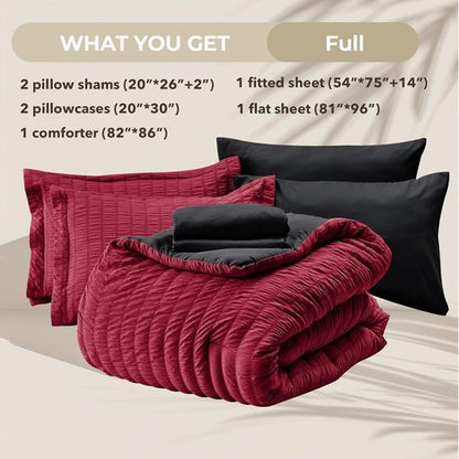 HYMOKEGE Comforter Set - Luxury 7-Piece All-Season Bedding in Red & Black | Full Size, Seersucker Design