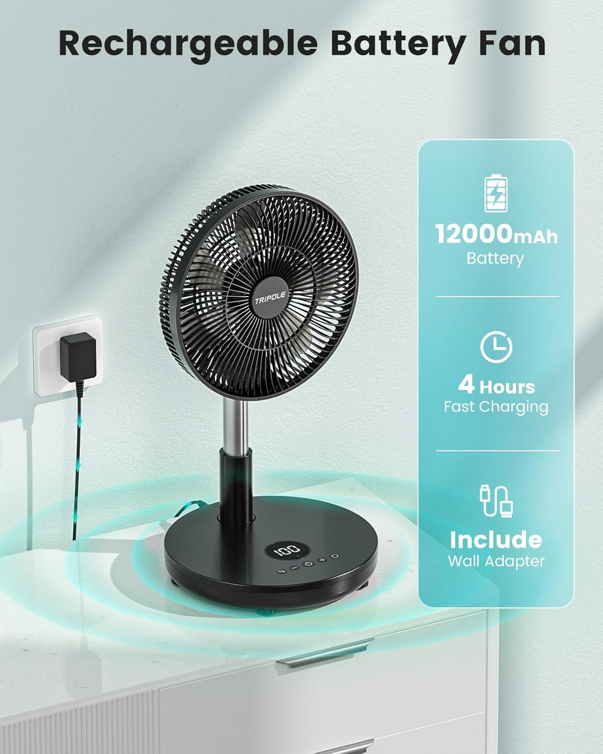 TriPole 12" Portable Rechargeable Standing Fan - Adjustable Height, Remote Control & Timer | 12000mAh Battery (Black)