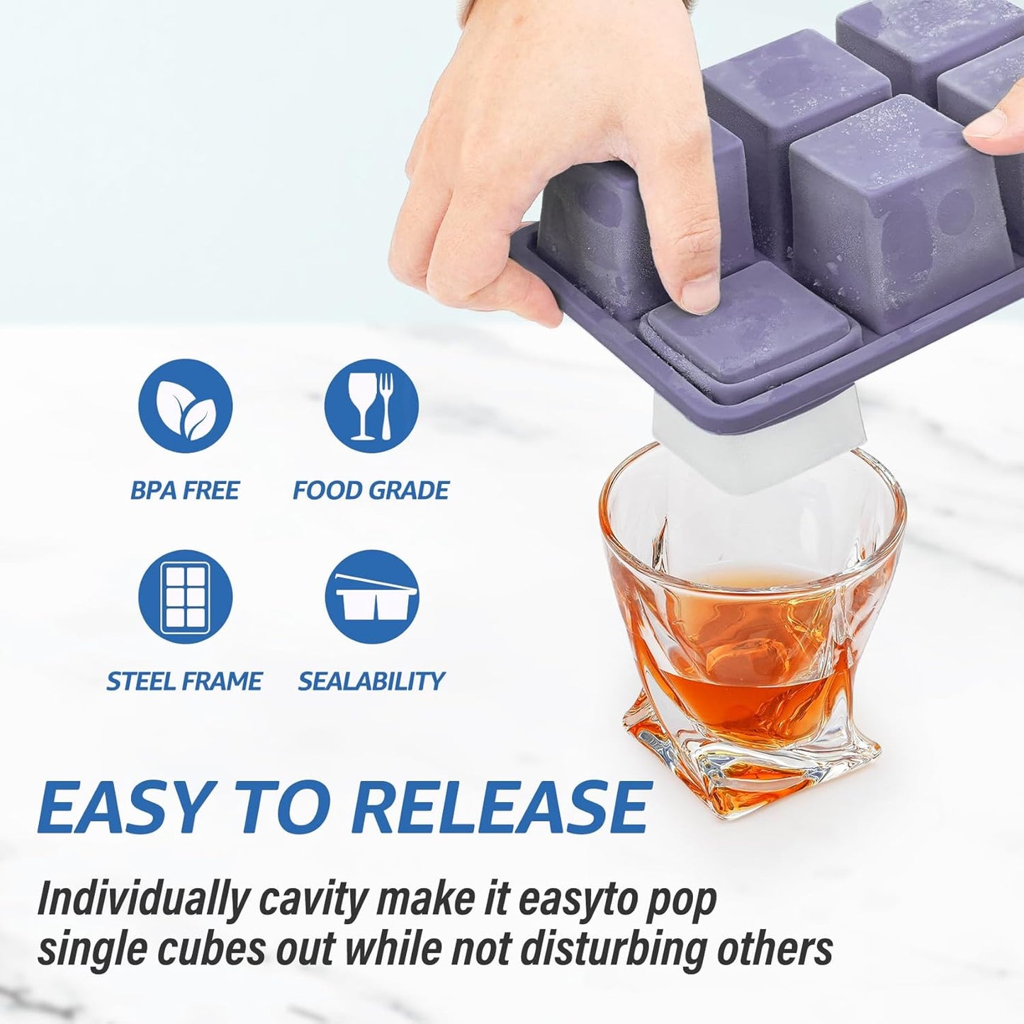 Mossime Silicone Ice Cube Tray - 2-Pack Large 2-Inch Whiskey Molds with Lid | Easy Release for Cocktails & Baby Food