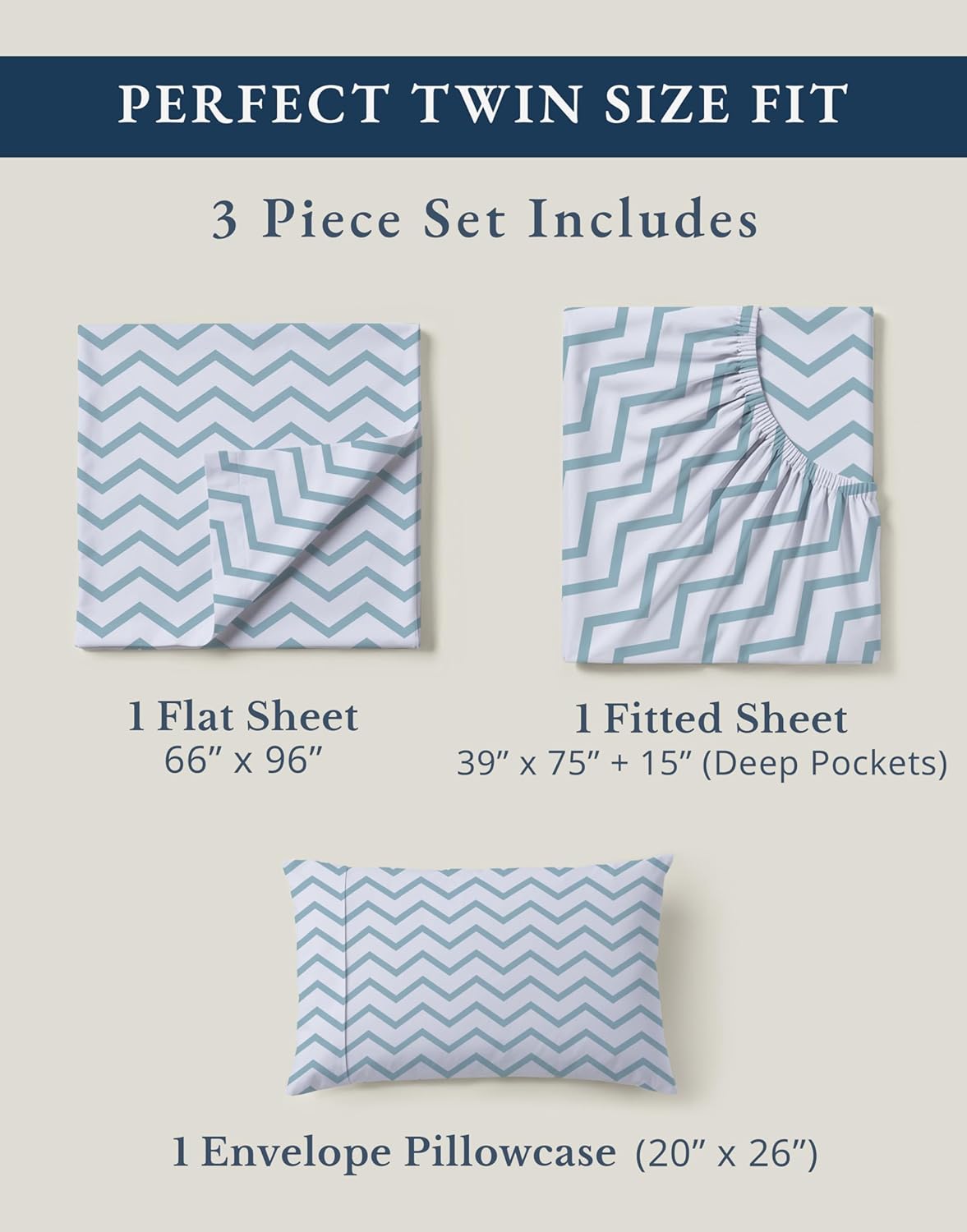 **LANE LINEN Organic Cotton Twin Bed Sheets - Naturally Cooling, Fully Elasticized, Eco-Friendly Chevron Design**
