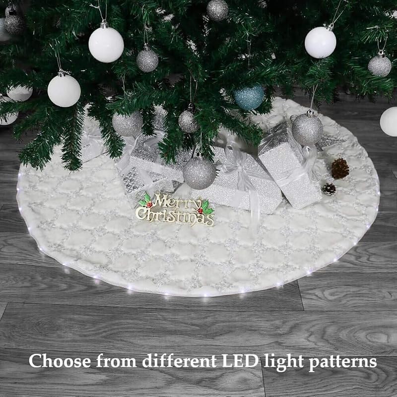 White 55 Inch Faux Fur Hatched Tree Skirt with Programmable LED Lights - Ivory