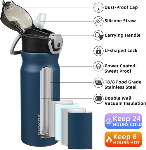 BJPKPK Insulated Water Bottle - 18oz Stainless Steel Thermal Flask with Straw & Carry Handle | Navy Blue