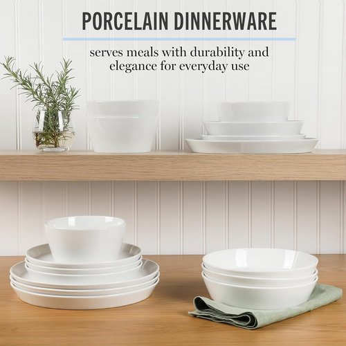 Martha Stewart Selma Dinnerware Set - Chip & Scratch Resistant, 16-Piece Service for 4 | Durable White Plates & Bowls