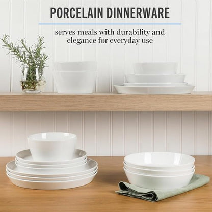 Martha Stewart Selma Dinnerware Set - Chip & Scratch Resistant, 16-Piece Service for 4 | Durable White Plates & Bowls