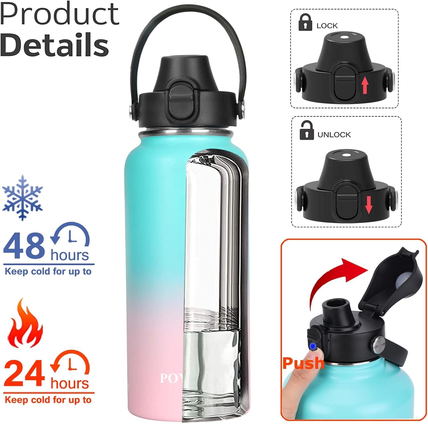 Skiennix Insulated Water Bottle - Leak Proof, Vacuum-Sealed Design | 32oz, 40oz, 64oz, 128oz Options