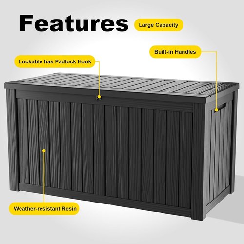 DRATO Outdoor Storage Box - 180 Gallon Waterproof Resin Container | Lockable & UV-Resistant for Patio Cushions & Garden Tools (Black)