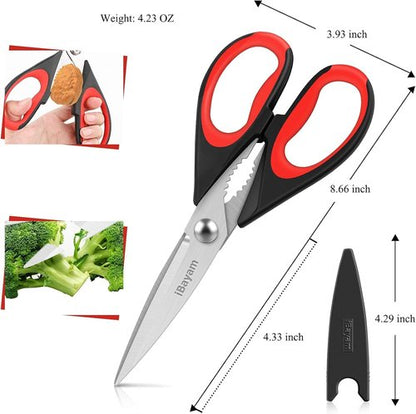 iBayam Kitchen Scissors - 3-Pack Heavy Duty with Soft Grip Handle & Protective Sheath | Dishwasher Safe