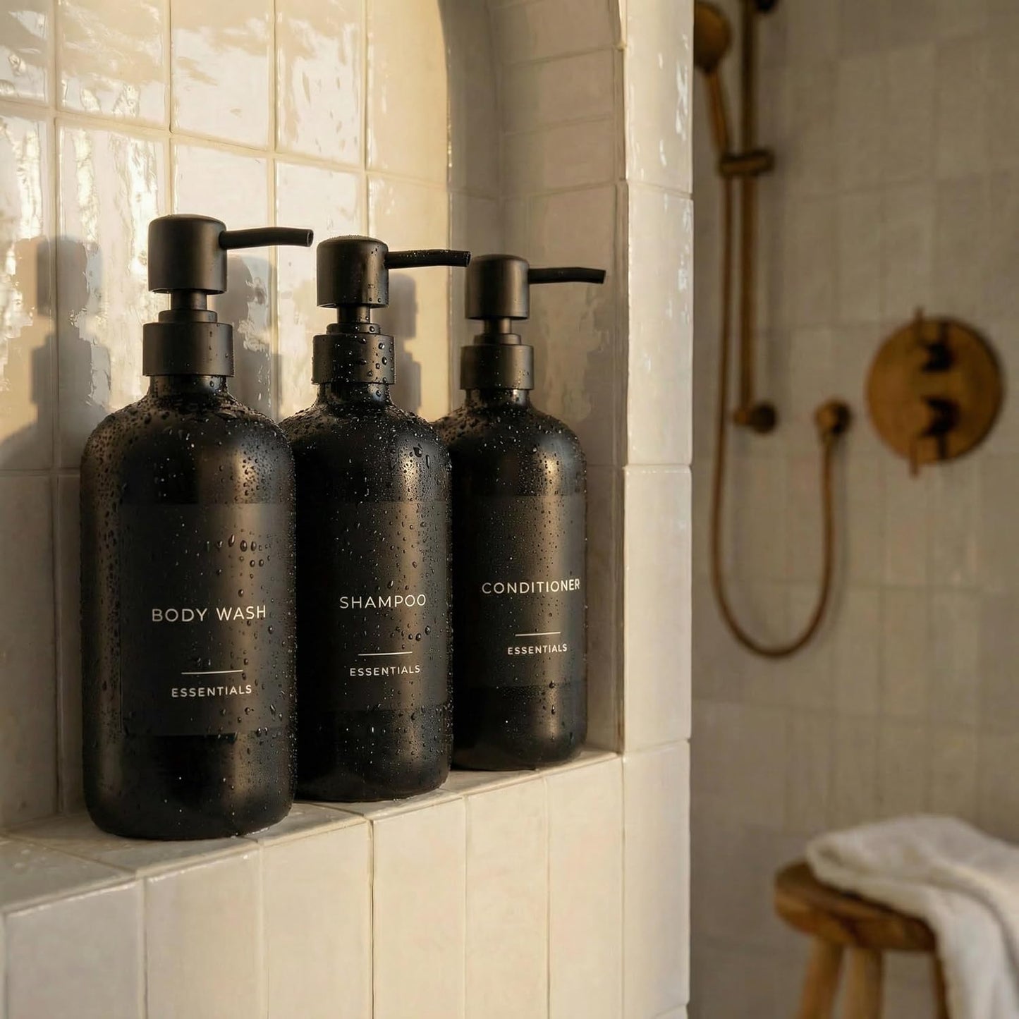 Stylish Shampoo and Conditioner Dispenser Set - Modern 21oz Black Shower Soap Bottles with Pump & Labels