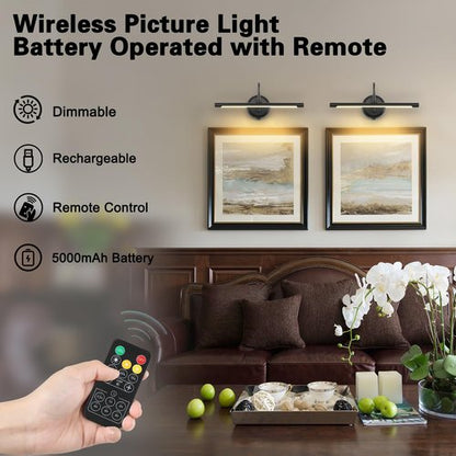JOOSENLUX Modern Wall Lights Battery Operated Black Wireless Picture Lights for Wall 16.5" Inch Dimmable Under Counter Lights for Kitchen with Swing Arm as Canvas Wall Sconce Light 3000K CRI95+