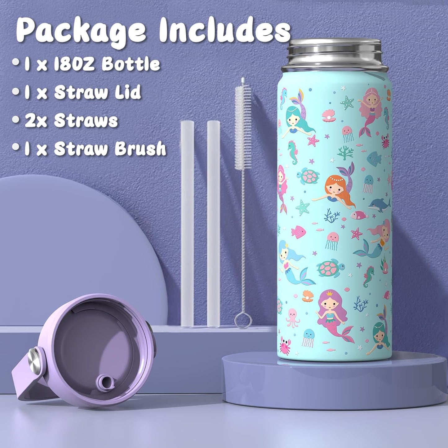 Skiennix 18oz Kids Insulated Water Bottle - BPA-Free Stainless Steel, Leak-Proof Design, Purple Mermaid
