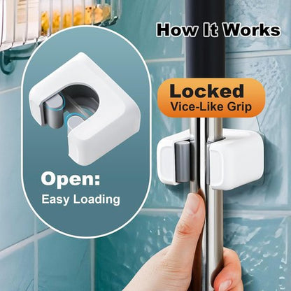 Funest Mop and Broom Holder Wall Mount - No Drill, Self-Adhesive, Non-Slip Grippers for Tile Walls | White, 6 Pack